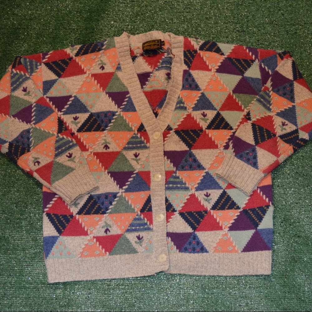 Vintage 1992 Eddie Bauer Knit Cardigan Flower Wool Sweater!